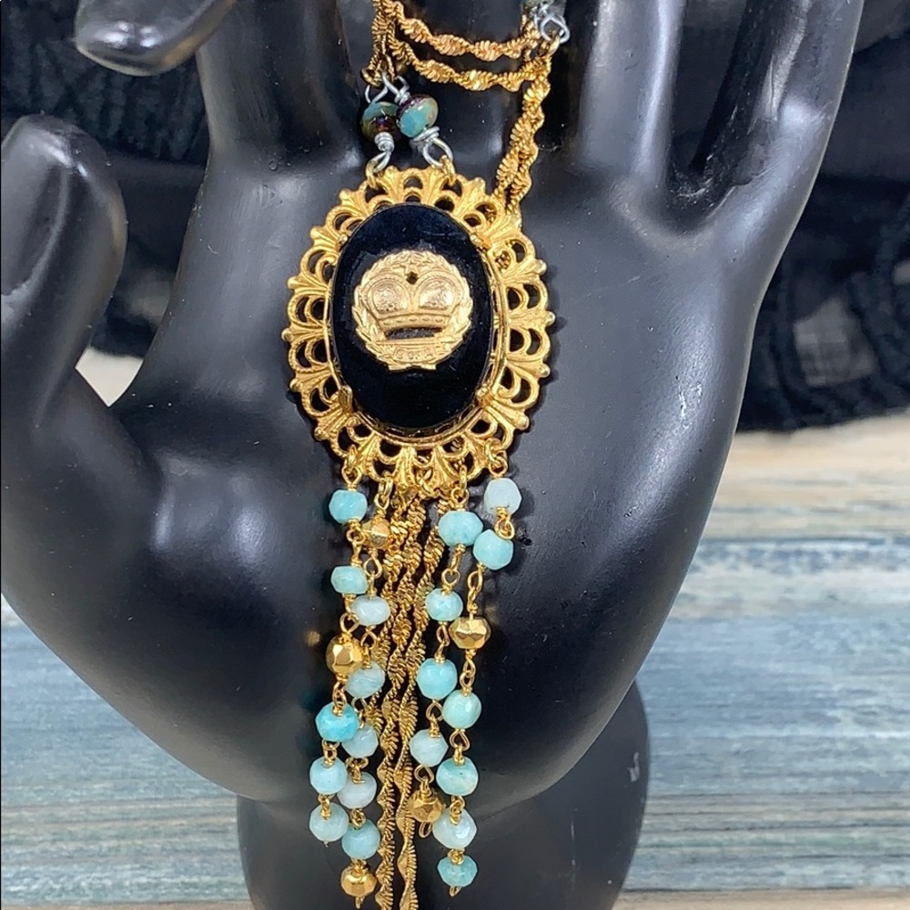 ⭐️Adorned Crown artisan assemblage aquamarine bead jet black crown necklace